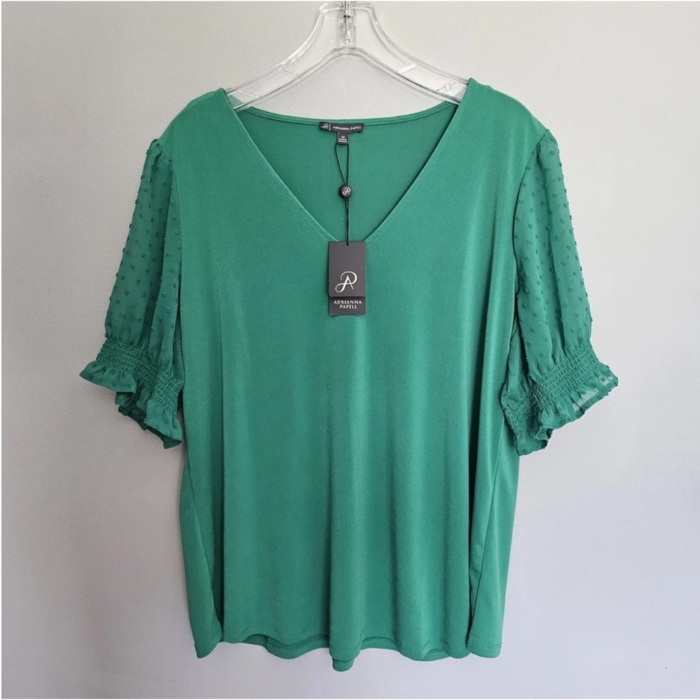 Adrianna Papell Kelly Green Knit Crepe Dot Smocked Sheer Puffed Sleeve Top L